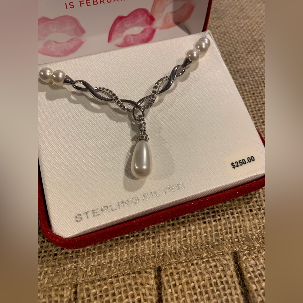 Sterling Silver Pearl Necklace with Swarovski Elements and matching earrings